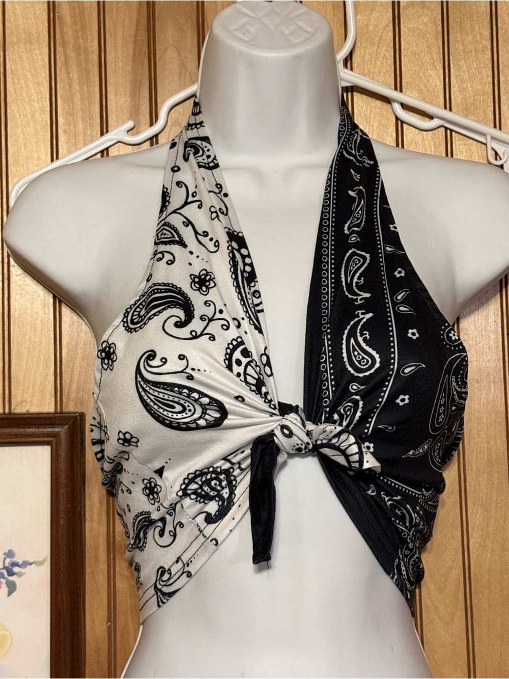 SHEIN Black & White Paisley Tie-Front Halter